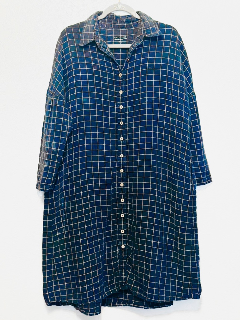Simply Grey Linen Checked Button-Front Shirt Dress MIDI Oversized Ruched Back L